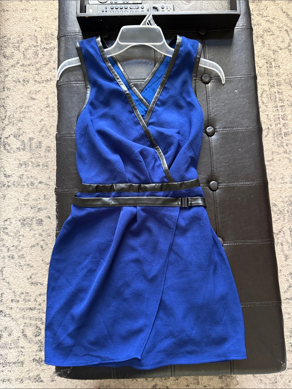 Maeve cobalt blue dress with black faux-leather trim